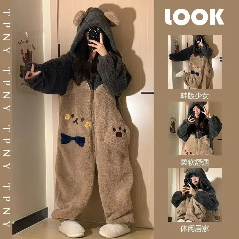 

Сиамские пижамы для девочек, зимняя утепленная новая ночная рубашка на флисовой подкладке с героями мультфильмов, фланелевая теплая одежда для сна с капюшоном «Маленький медвежонок», домашняя одежда