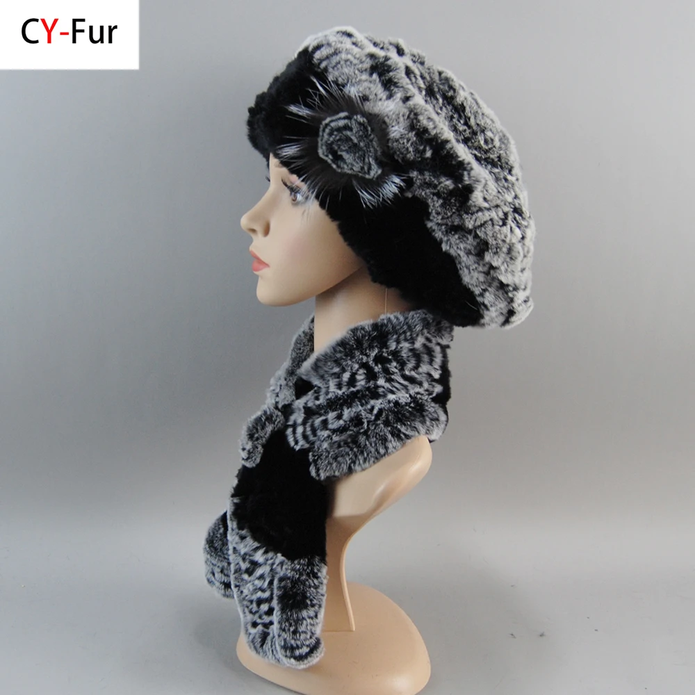 

Russia Winter Rex Rabbit Fur Hats Scarves Women Fashion 100% Genuine Knit Fur Caps Scarves Sets Lady Warm Real Fur Hat Muffler