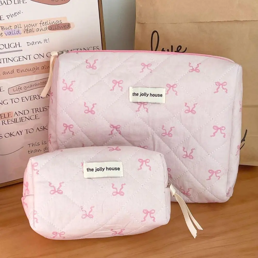 Pink Bowknot Quilting Women Cosmetic Bag Portable Zipper Makeup Travel Organizer borsa da toilette per donna per ragazze