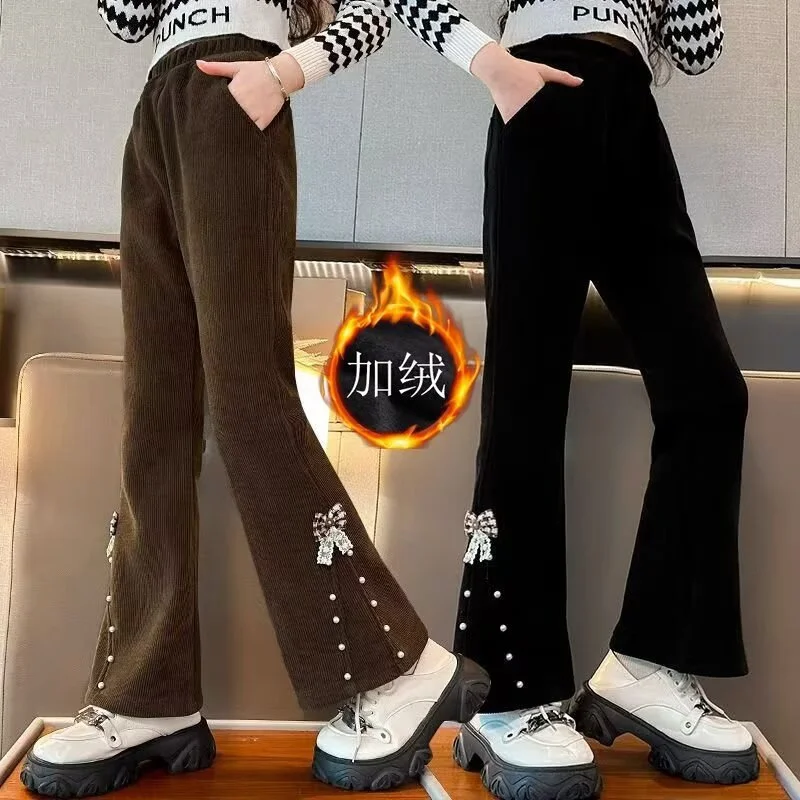 

Girls' Bell-Bottom Pants Kids Fleece-Lined Trousers New Autumn Winter Loose Pants Children Fashion Wide-Leg Trousers 4-14 Years