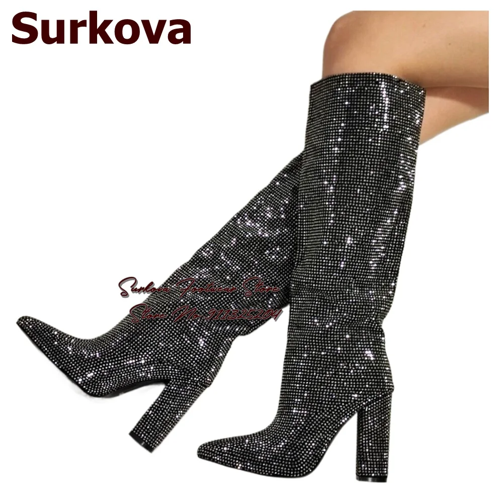 Surkova Black Bling Bling Full Crystal Chunky Heel Knee High Boots Pointed Toe Glittering Rhinestone Pointed Toe Tall Boots