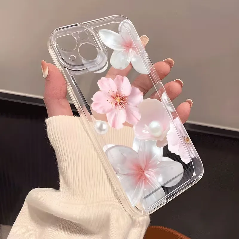 أنيقة الوردي زهر الخوخ اللؤلؤ طباعة جراب هاتف آيفون 16 17 برو ماكس 15 14 13 12 11 برو ماكس 16E X XS 7 8 زائد غطاء شفاف