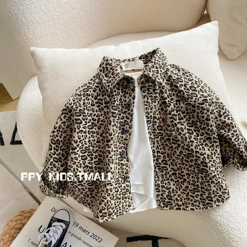 Blouses Boys T-shirt Turn-down Collar Leopard Print Button Long Sleeve Spring Fall Cool Pretty Soft Cotton Turn Down Collar 2024