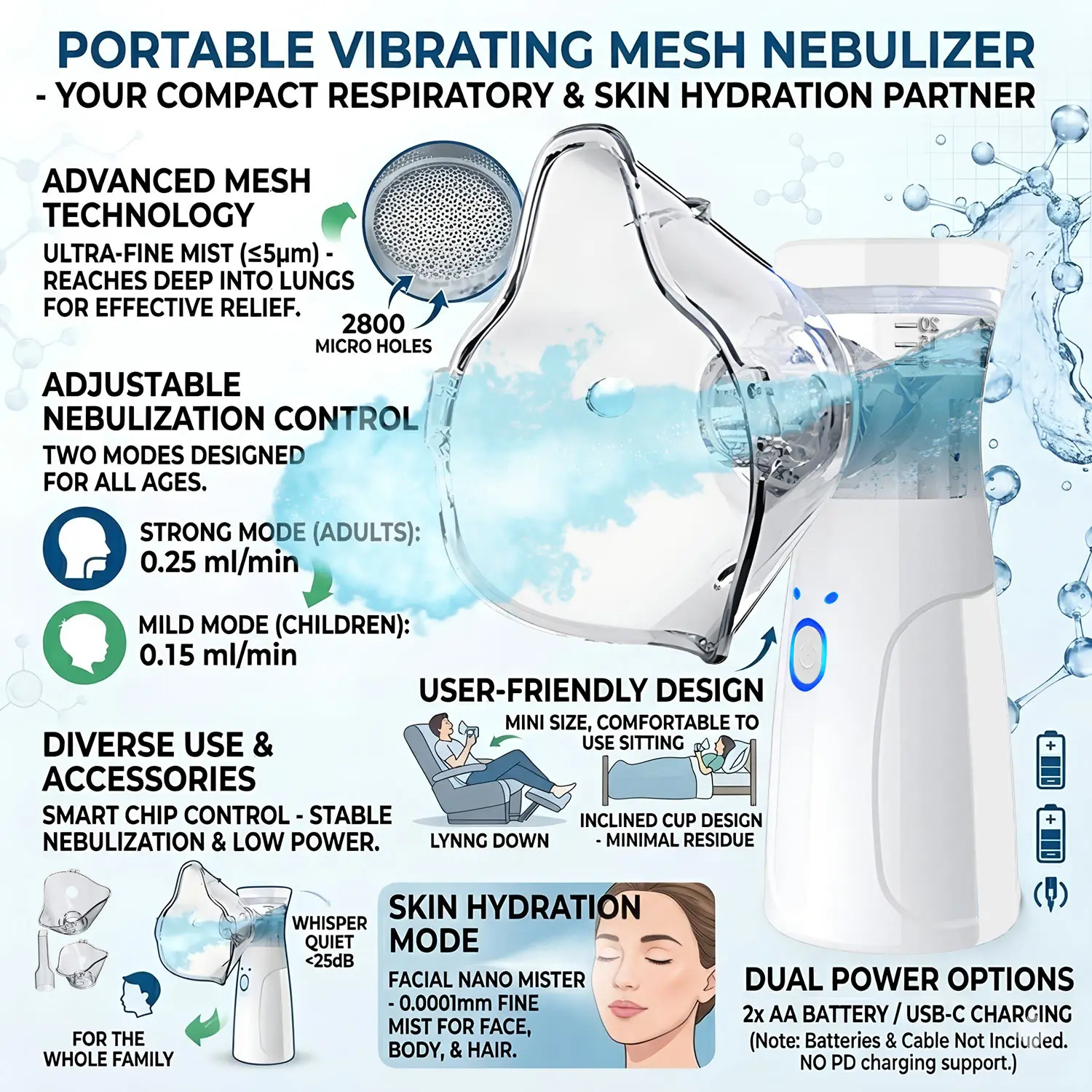 Nebulizador de malla portátil, nebulizador médico silencioso, compresor para la tos para niños y adultos, mascarilla, inhalador para el asma, humidificador portátil