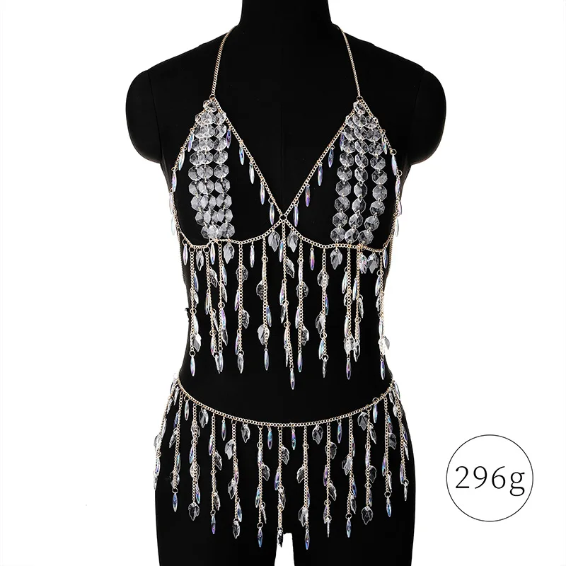 

Ювелирные изделия для тела, цепочка для бюстгальтера, преувеличенная сексуальная открытая спина, акриловая подвеска со стразами и кисточкой на груди, ночной клуб, вечеринка, танец