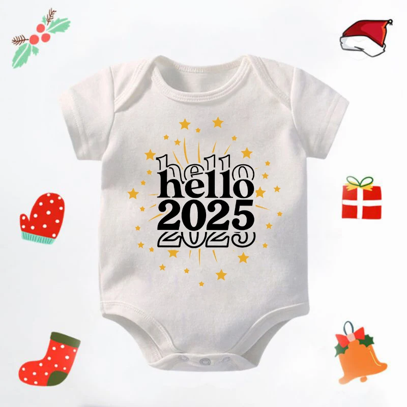 Hello 2025 Newborn Baby Bodysuit Casual Short Sleeve Infant Rompers Body Baby Boys Girls New Year Ropa Clothes Christmas Gift