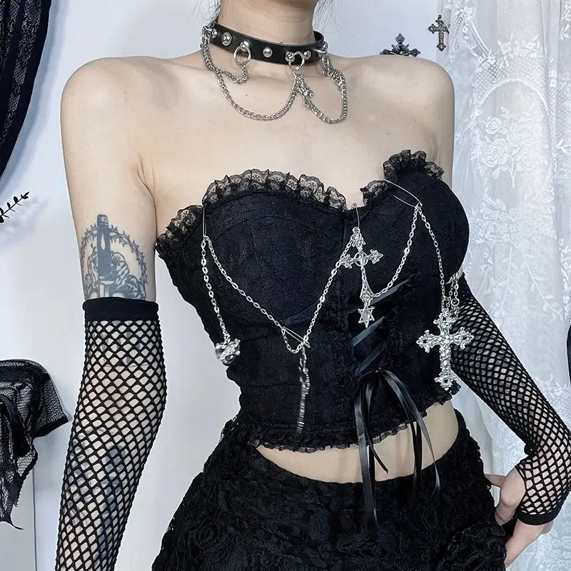 Dark Waisted Short Top Gothic Cross Chain Tube Top Women Slim Halloween Outfit