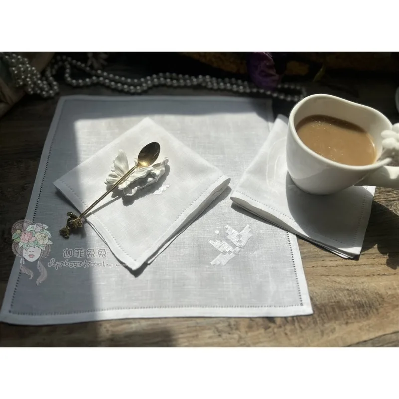 2PCS Cotton and Linen Hand-drawn Embroidery Square Towel Napkin Handkerchief