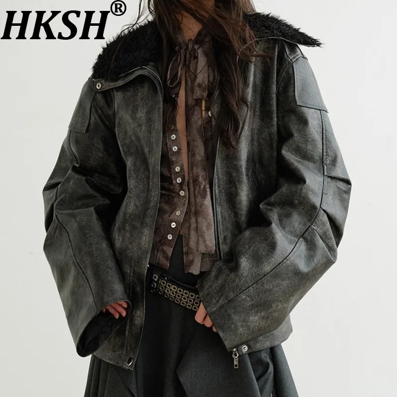 

HKSH Autumn Winter New Women Jacket Pu Leather Spliced Faux Fur Zipper Pockets OverSized Streetwear Chic Thick Warm Coat HK12572