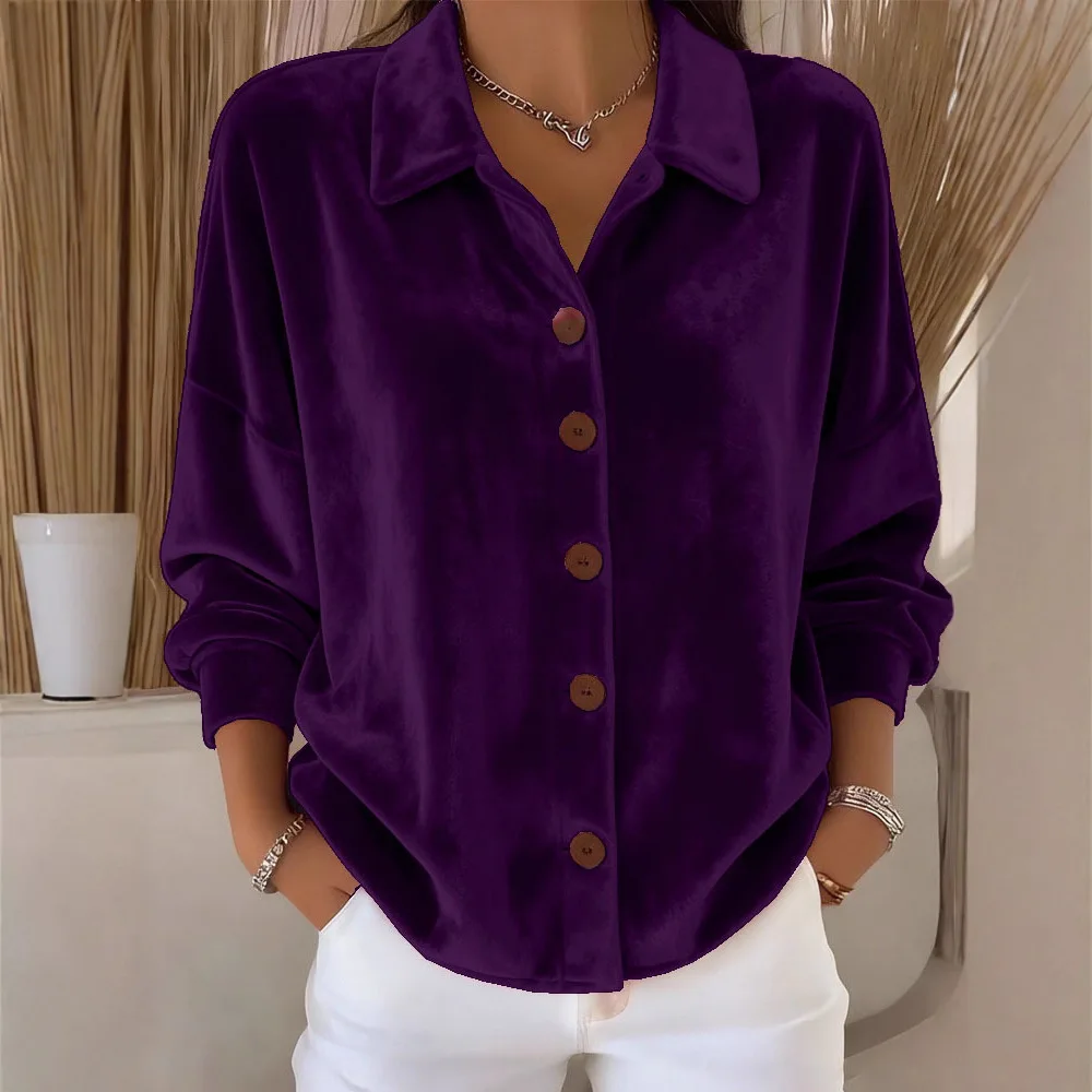 

Легкая дышащая блузка, женская рубашка с бархатной текстурой, топы, блузки с длинными рукавами и лацканами, однотонные блузки свободного кроя с пуговицами