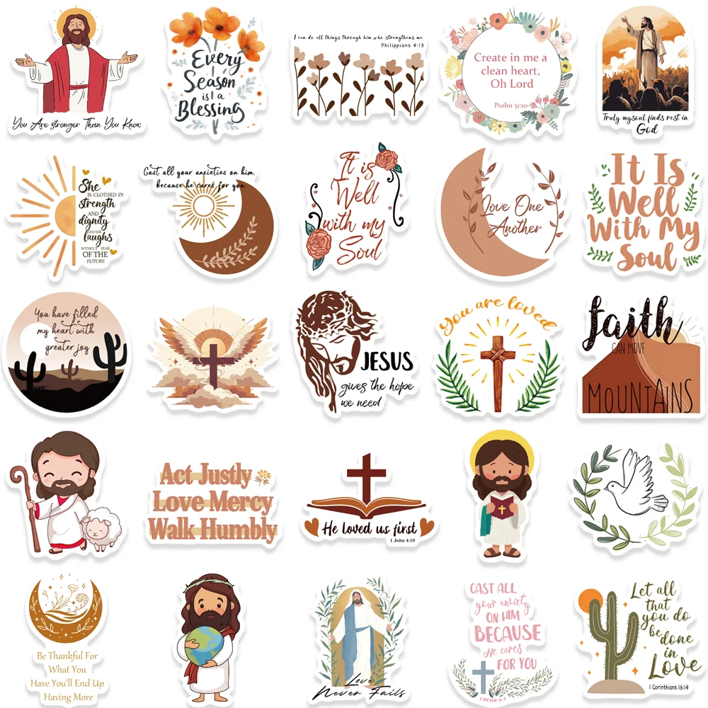 50pcs Boho Style Biblical Religion Stickers Inspirational Life Waterproof DIY Laptop Guitar Phone Envelope Scarpbook Diary Decal