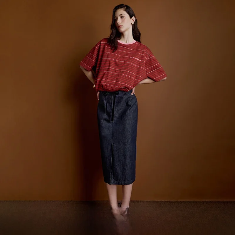 

High Waist Pure Cotton Half Skirt with Belt Commute Versatile Slimming Midi Skirt Korean Style H-Shape Loose Fit Summer 2025