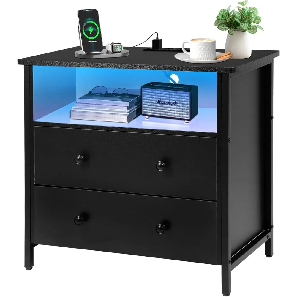Spacious 27 Wooden Nightstand with Dual Drawers, LED-lit, and Adjustable Charging Station