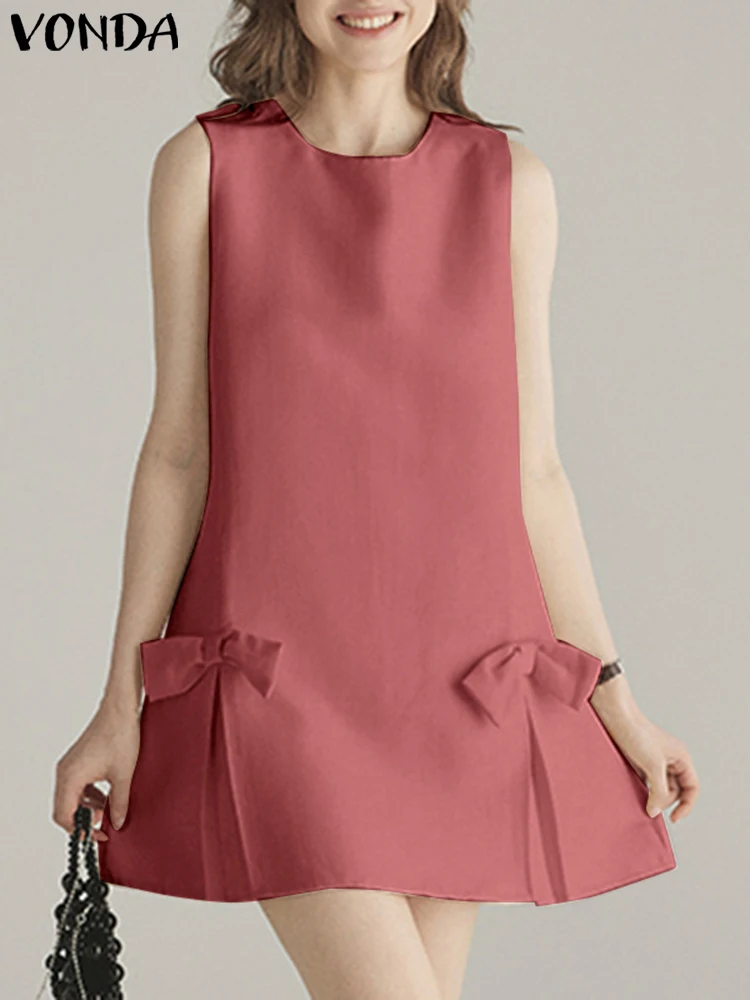 VONDA-vestido sin mangas de verano para mujer, Vestidos de noche elegantes sin mangas, informal, holgado, con lazo, Color sólido, de gran tamaño, 2025