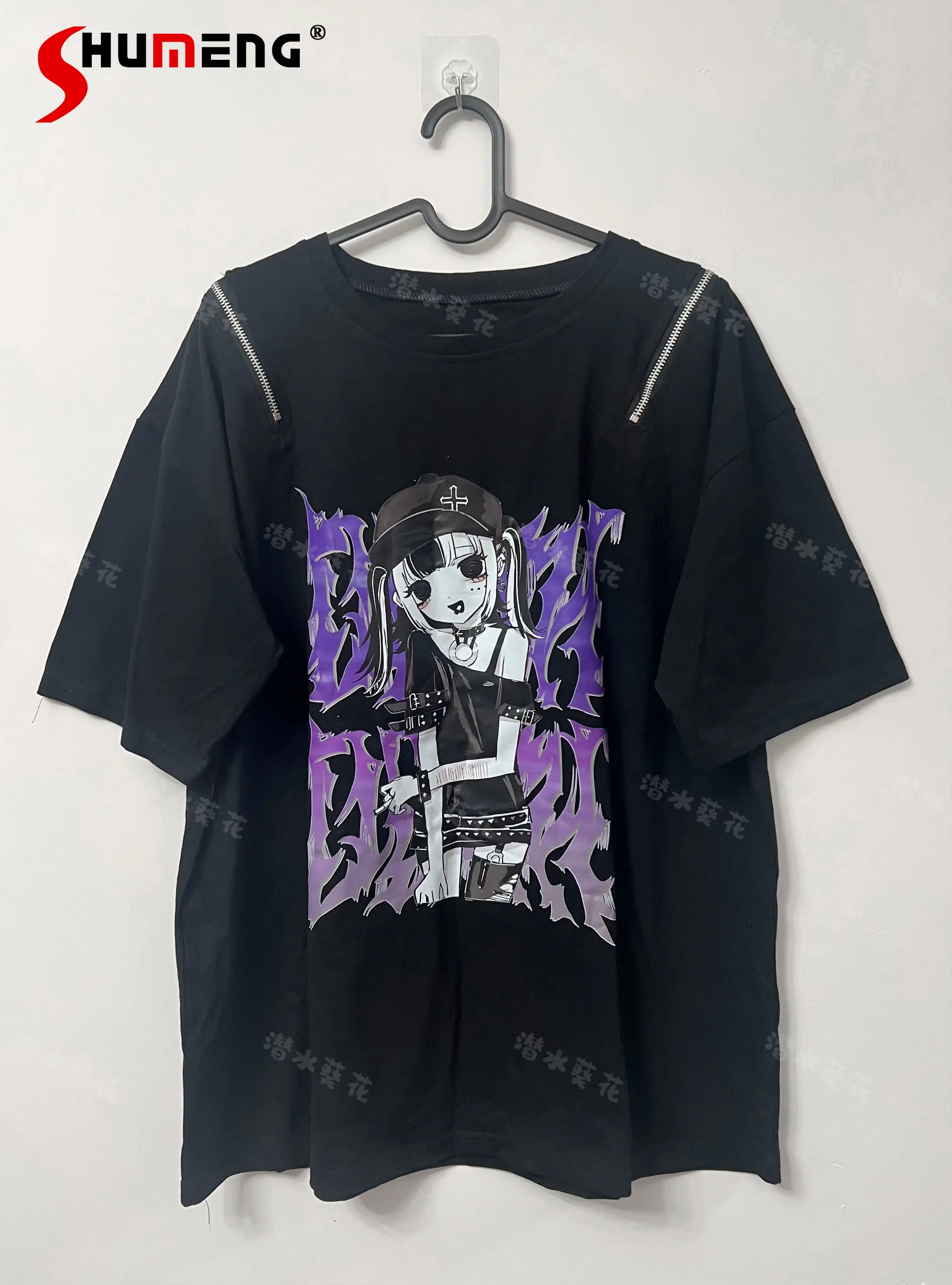 T-Shirt à épaules dénudées avec fermeture éclair originale, sous-culture d'été, ample, Slim, imprimé Anime, haut noir pour étudiant, Harajuku Y2k, vêtements