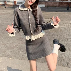 Korean Fashion Knitted Set Women College Style Single Breasted Long Sleeve Lace Cardigan Top and Mini Skirt Grey Girls Cute Suit