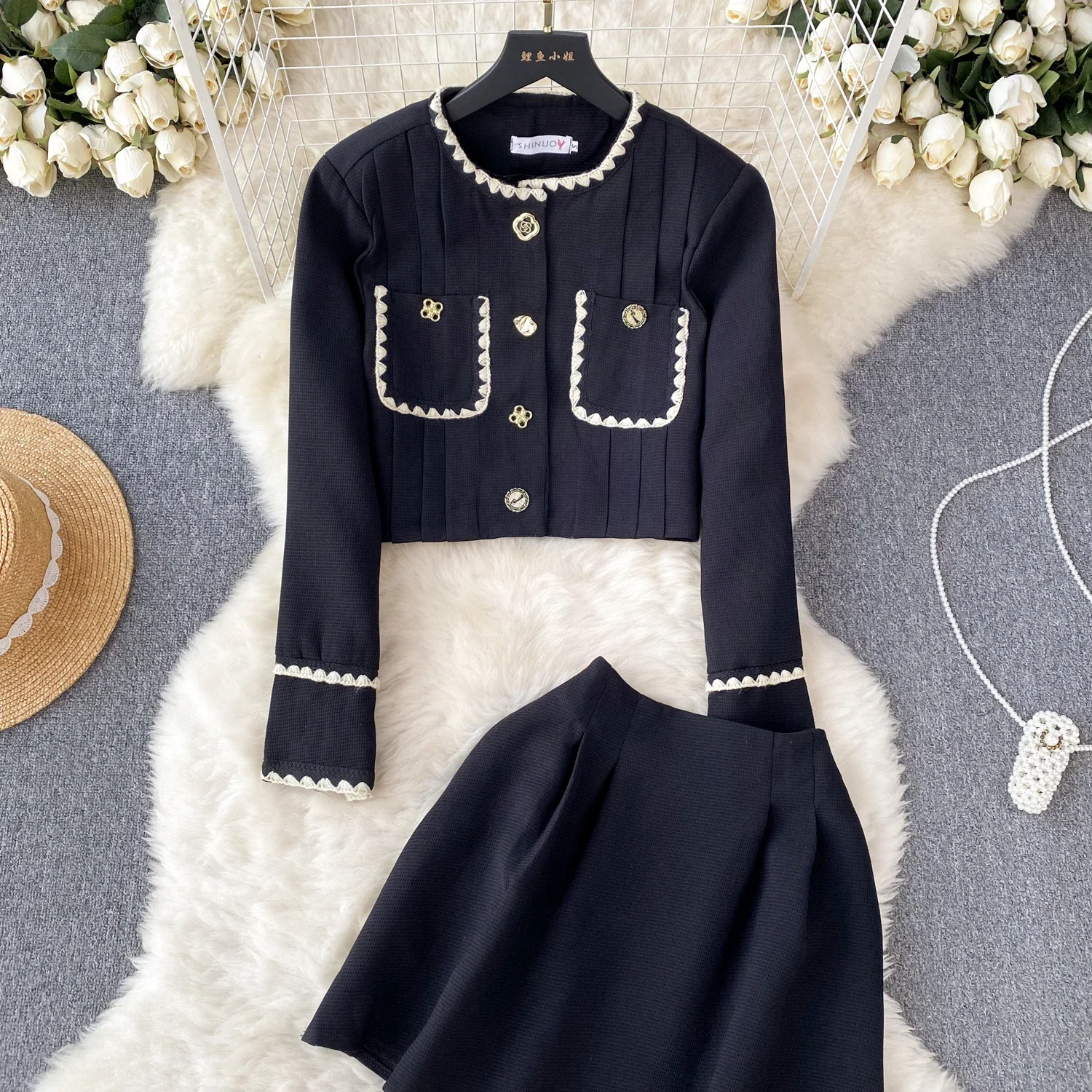 Chic Two-piece Sets Sweet O-Neck Long Sleeve Single Breasted Basics Coat Vintage A-line Skirt High Street Women Autumn Clothing