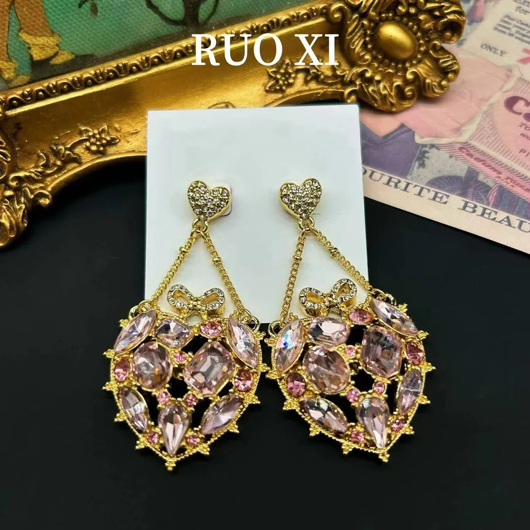 Mid-Ancient Vintage Love Rhinestone Western Light Luxury Gold Plated French Fashion Bow Cute Standard Earrings