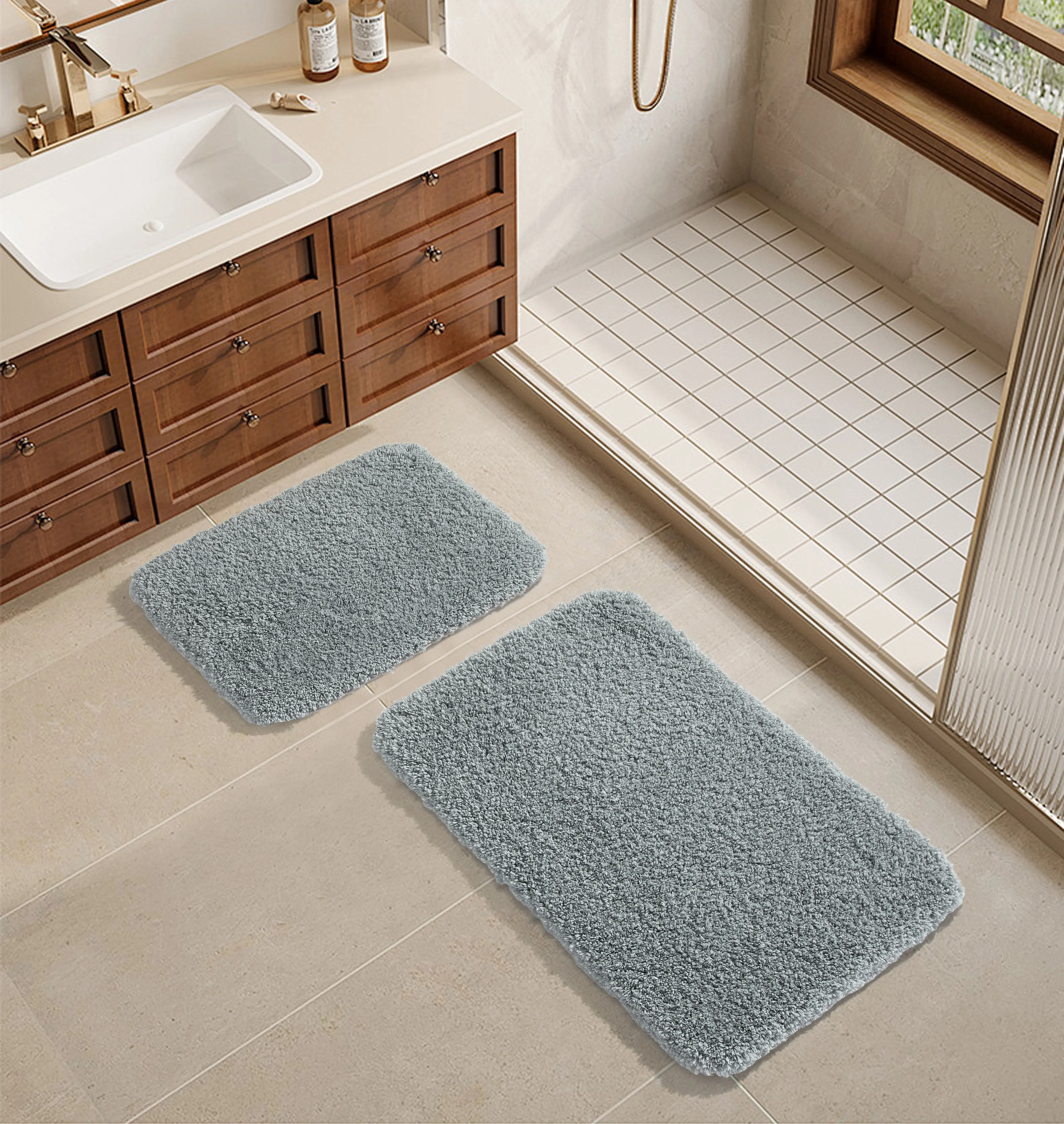 

Grey Cloud 2pc Bath Rug Set 17 x 20 and 20 x 30 inches Polyester Soft Absorbent Non-Slip