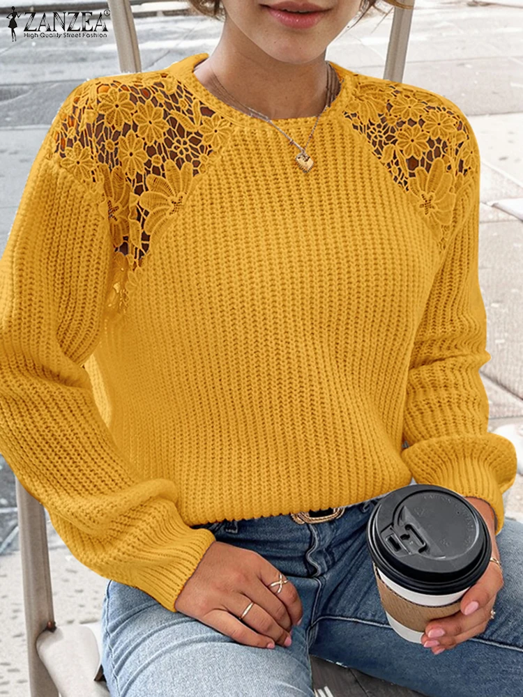 ZANZEA Vintage Solid Color Sweater Holiday Lace Hollow Out Jumpers Fashion Women Long Sleeve Loose Pullover Autumn Stitching Top