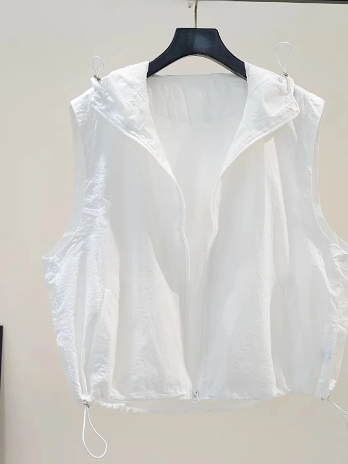 

Белый женский жилет с капюшоном без рукавов, легкая свободная повседневная верхняя одежда для весны и лета, универсальная удобная верхняя одежда на молнии для активного отдыха