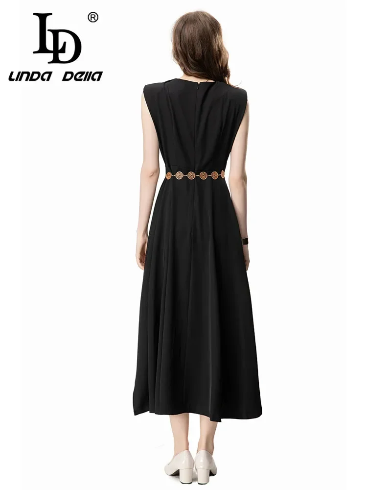 LD LINDA DELLA 2024 New Style Runway Designer Dress Women's Patchwork Button Pleated Sleeveless Temperament Long Dresses