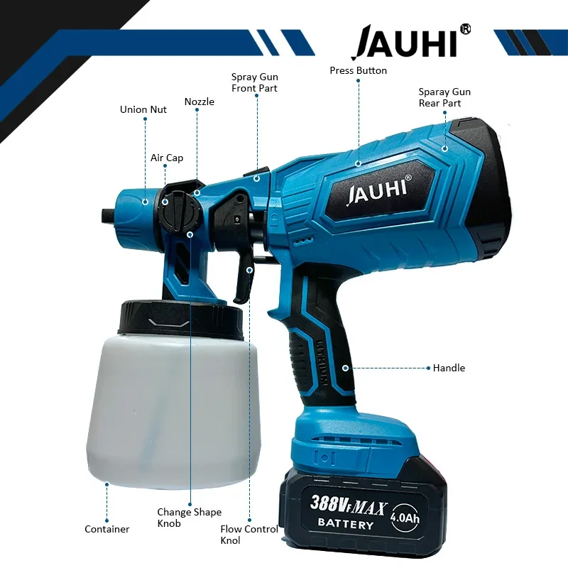 JAUHI 1500W 1000ML Cordless Electric Spray Gun with Battery Household Disinfection Sterilization Portable Paint Sprayer