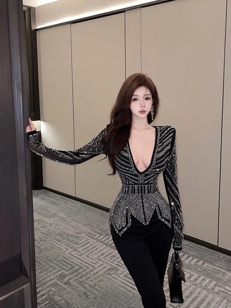 SMTHMA New Autumn Sexy Bodycon Black Luxury Rhinestone Jumpsuit Women Fashion Pants Rompers Vintage Y2k Streetwear Rompers