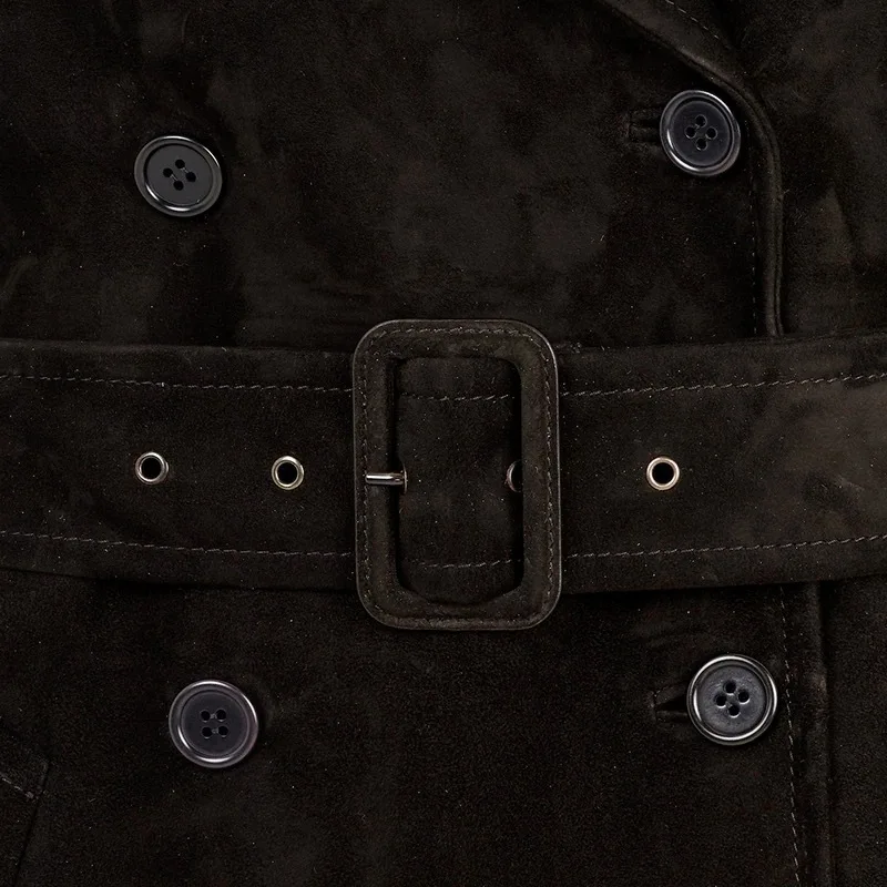 100% 염소가죽 블레이저 코트 여성용 2025 가을 겨울 레트로 커피 스웨이드 키드 가죽 영국 스타일 더블 브레스티드 웨이스트드 재킷