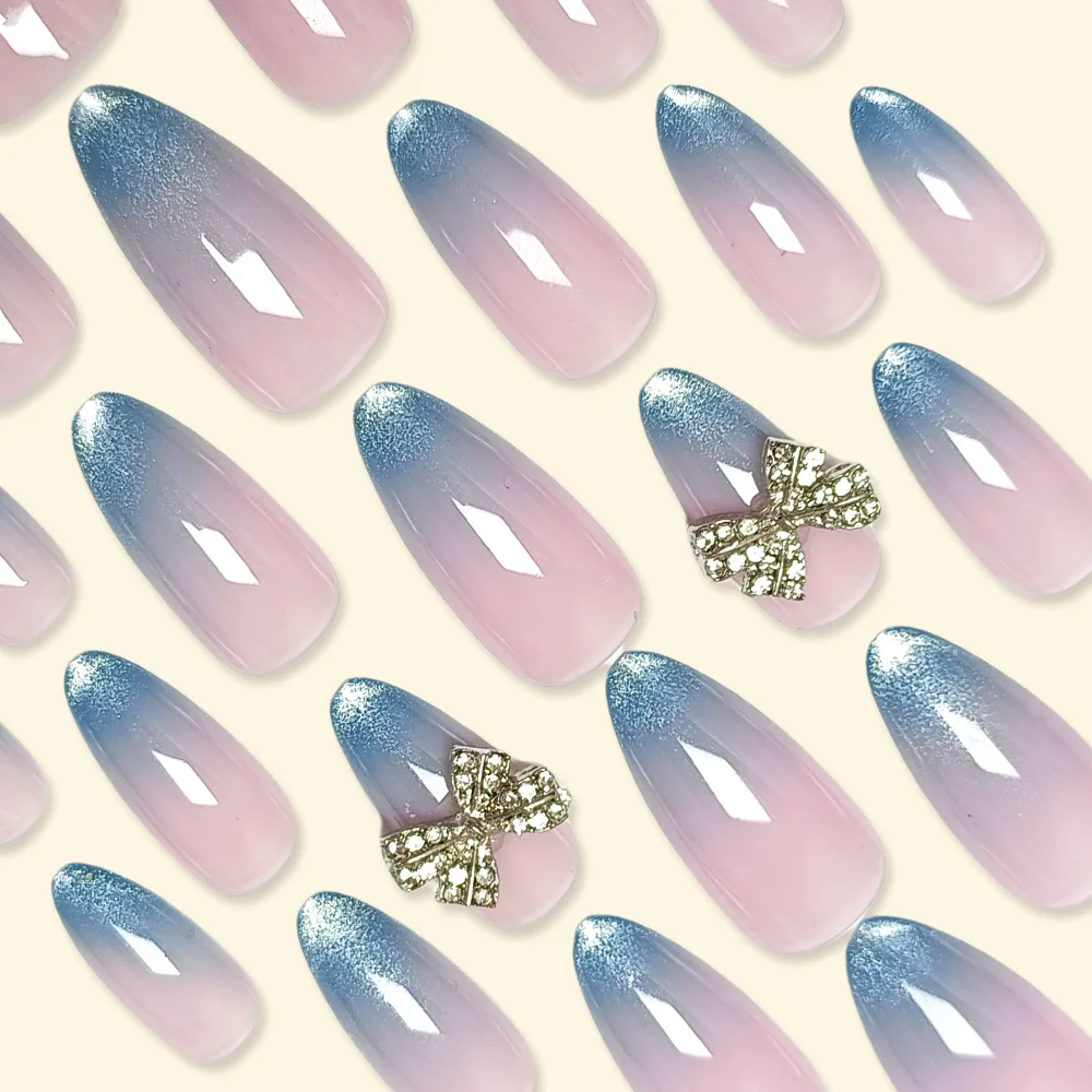 24pcs French Gradient Blue Y2k Press on Nails Cat Eye Fake Nail Tips Full Cover Wearable Korean Almond Shaped False Nails - view 2