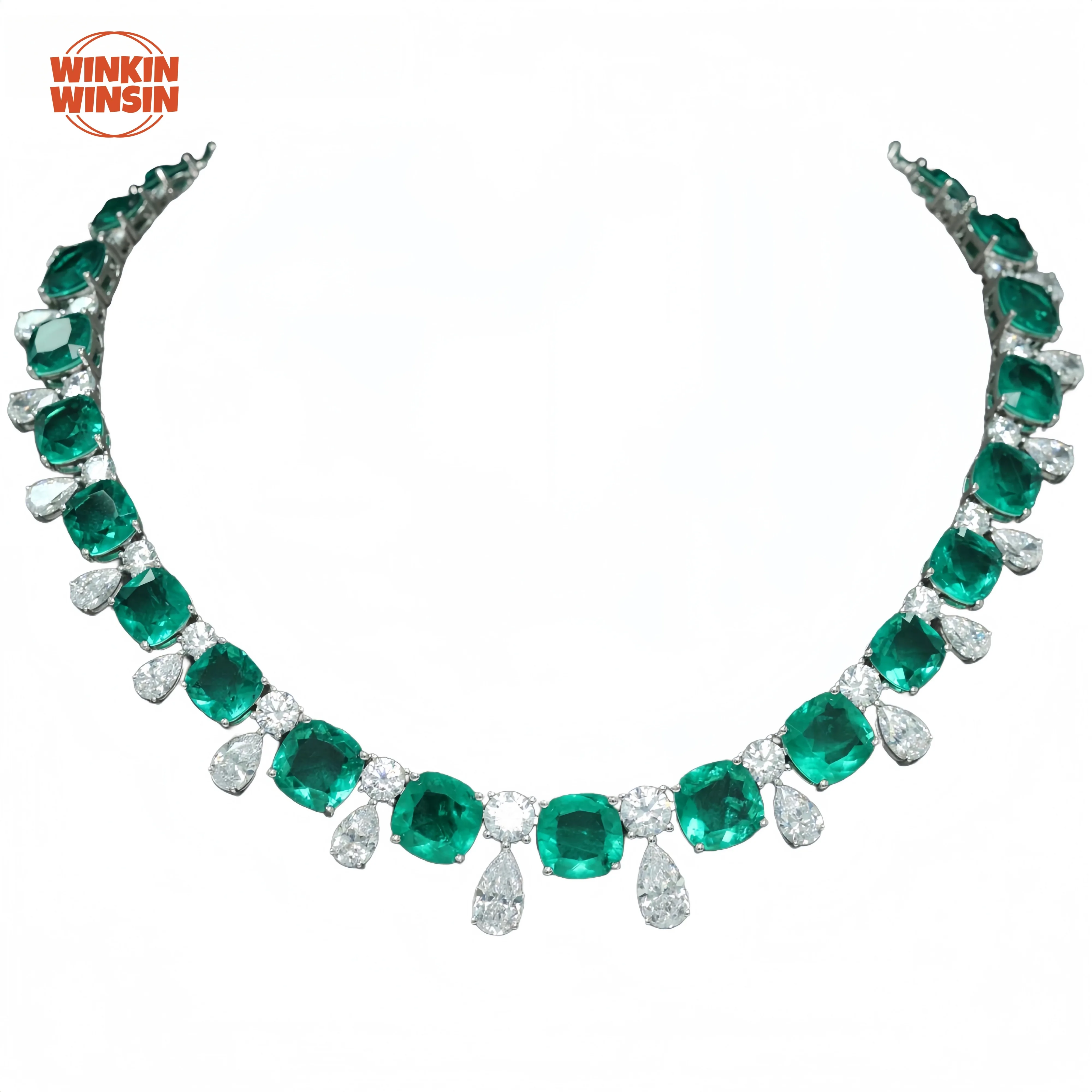 

Winkin Winsin Brand 925 Sterling Silver Woman Necklace Gold Plated High Carbon Diamond Emerald Luxury Jewelry Necklace