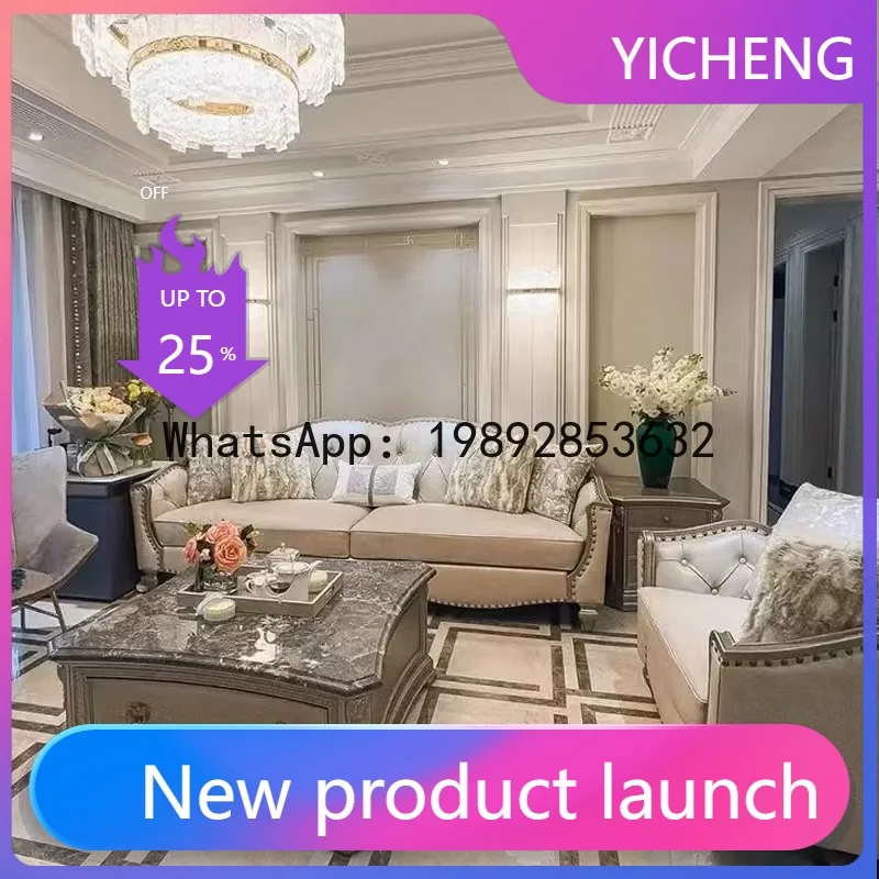 

HYS retro sofa coffee table TV cabinet combination solid wood marble living room villa hall sofa combination