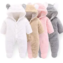 PatPat Baby Boy  Girl 3D Bear Design Winter Hooded Jumpsuit One Pieces Four Colors Soft and Comfy