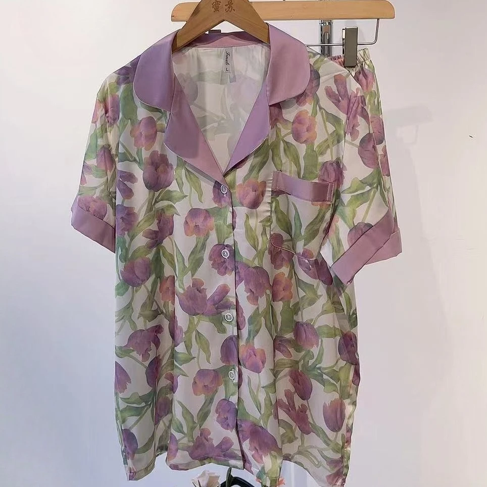 

Женский пижамный комплект из двух предметов с принтом, с коротким рукавом, эластичный, из сатина, для сна и дома