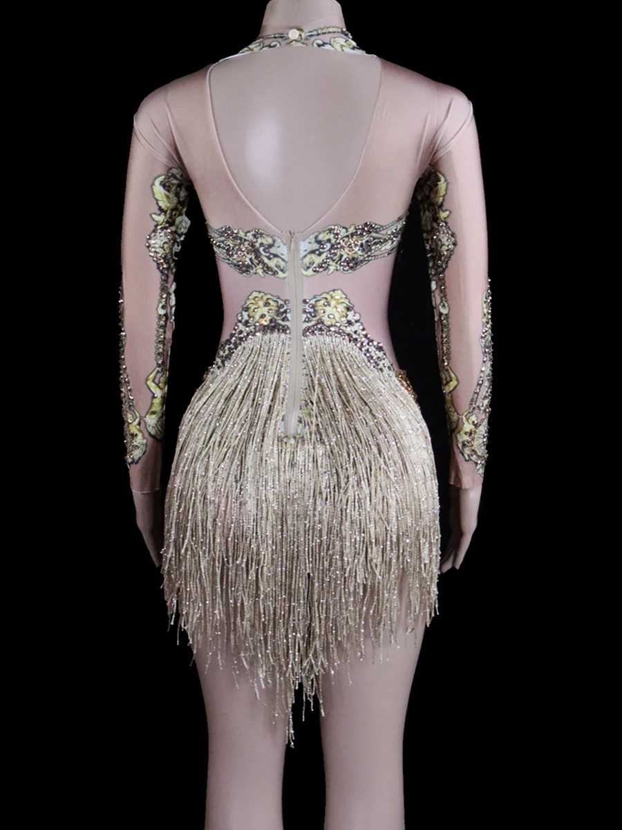 Traje de baile con diamantes de imitación para mujer, leotardo con flecos y cristales dorados brillantes, traje Sexy con borlas para discoteca