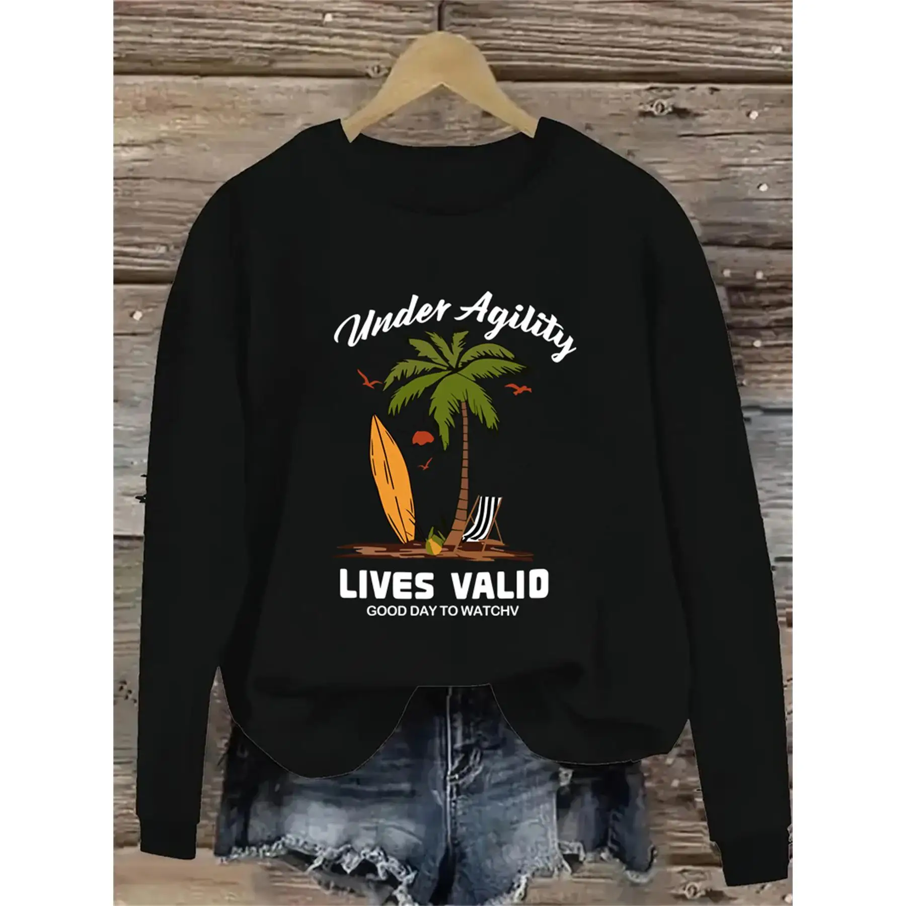 

Beach Surf Sweatshirt Unisex Coastal Graphic Pullover "Under Agility" "Lives Valid" Palm Tree Casual Cotton Top Gift