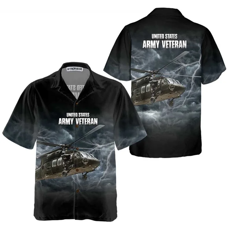 Men's Helicopter Print Hawaiian Shirt Helicopter Tropical Graphic Short Sleeve Button Down Shirt Casual Veteran Beach Shirt