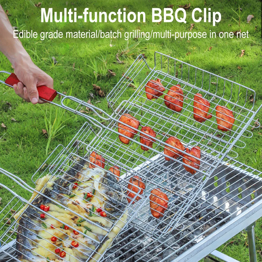 Folding Grilling Basket Portable Stainless Steel Outdoor Camping BBQ Rack for Seafood Steak Vegetables Cooking Accessories