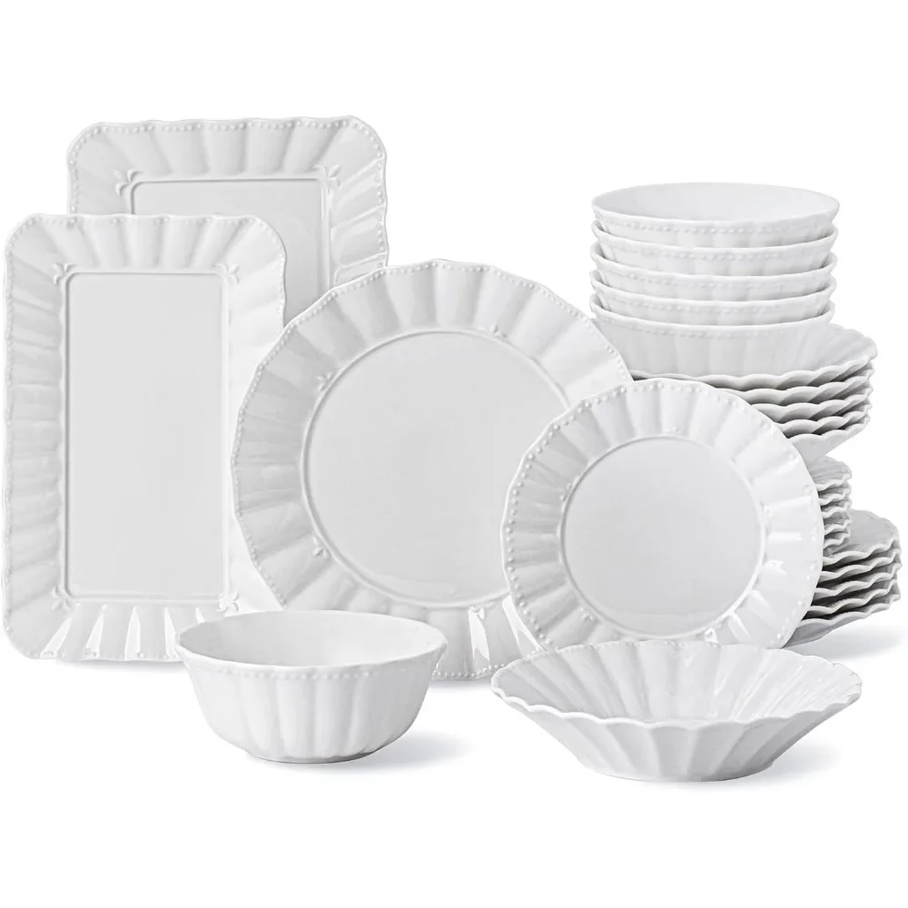 Plates and Bowls Sets, 26 Piece w/Rectangula Dinnerware Sets, Porcelain Dinner Set with Plates, Serving Platters, Ceramic