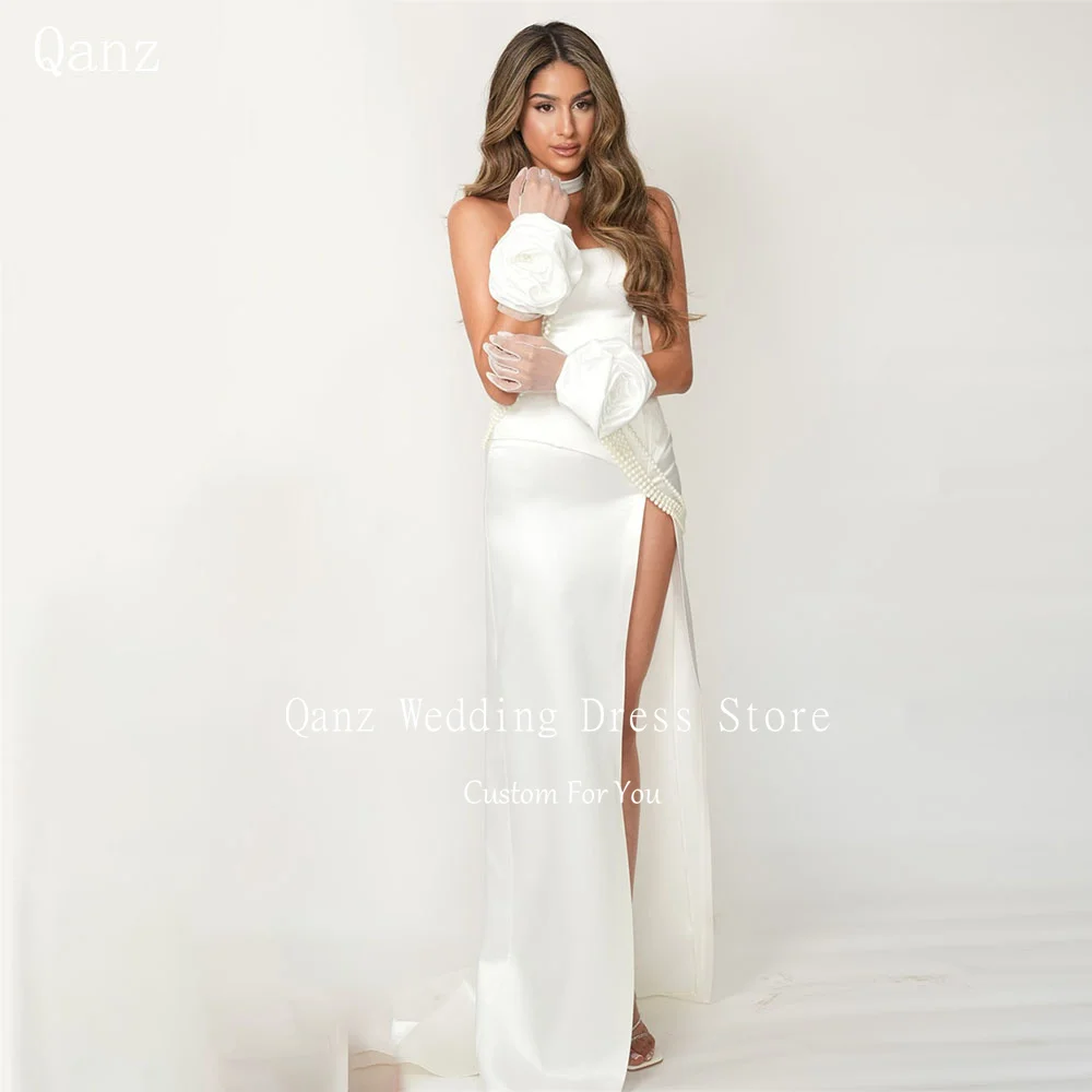 

Qanz White Satin Wedding Dresses High Side Slit Mariage Civile Tenue Femme Mermaid Lace Up Back Robes De Mariée Customized