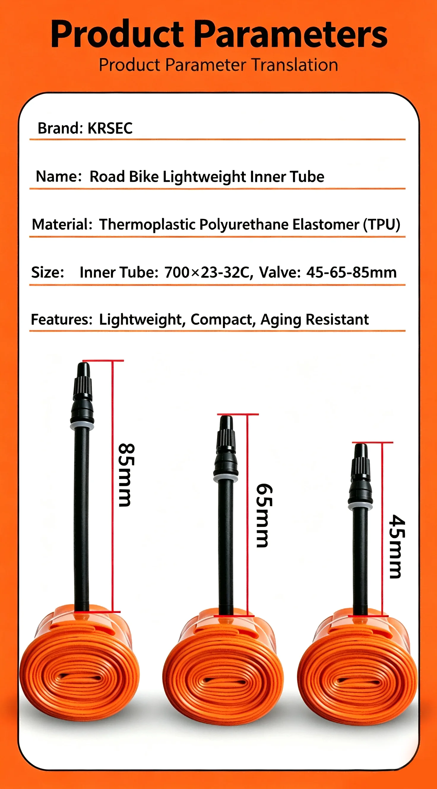 KRSEC Ultraleichter Fahrrad-TPU-Schlauch 700X25 28 30 32 Rennrad TPU-Material Reifen 45mm/65mm/85mm Länge Französisches Ventil – Detail 4