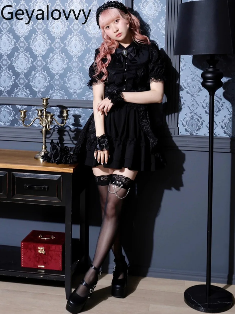 Japanese Gothic Retro Bow Lace Trim Ruffle Short Sleeve Dress Palace Style Striped Dresses and Base Short Skirt Two-Piece Set