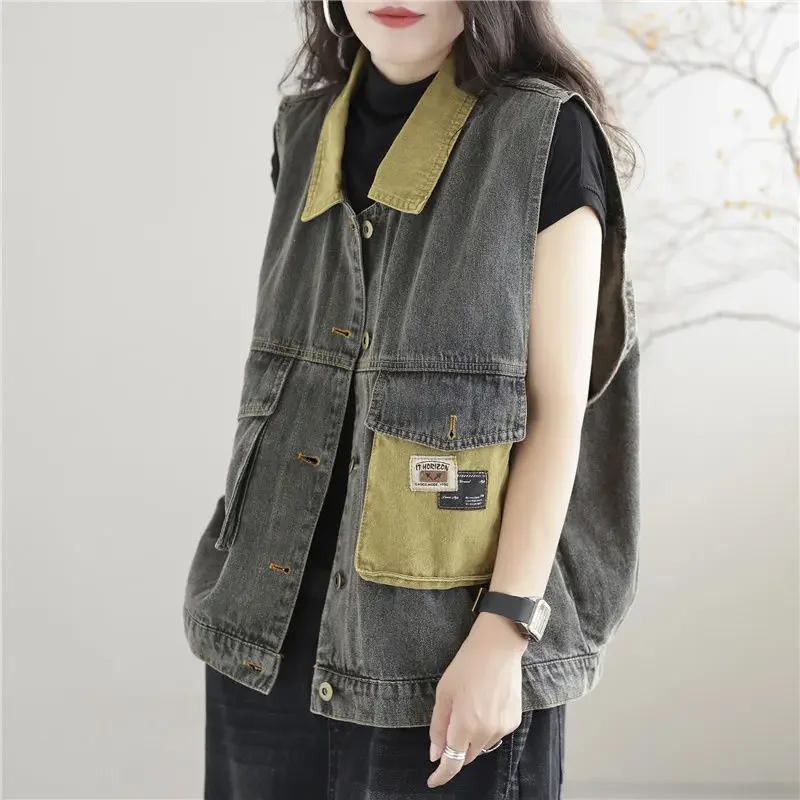 Imagem -03 - New Y2k Mulheres Denim Vest Retro sem Mangas Cardigan Jaqueta Tops Coreano Moda Solta Cabolsas Colete