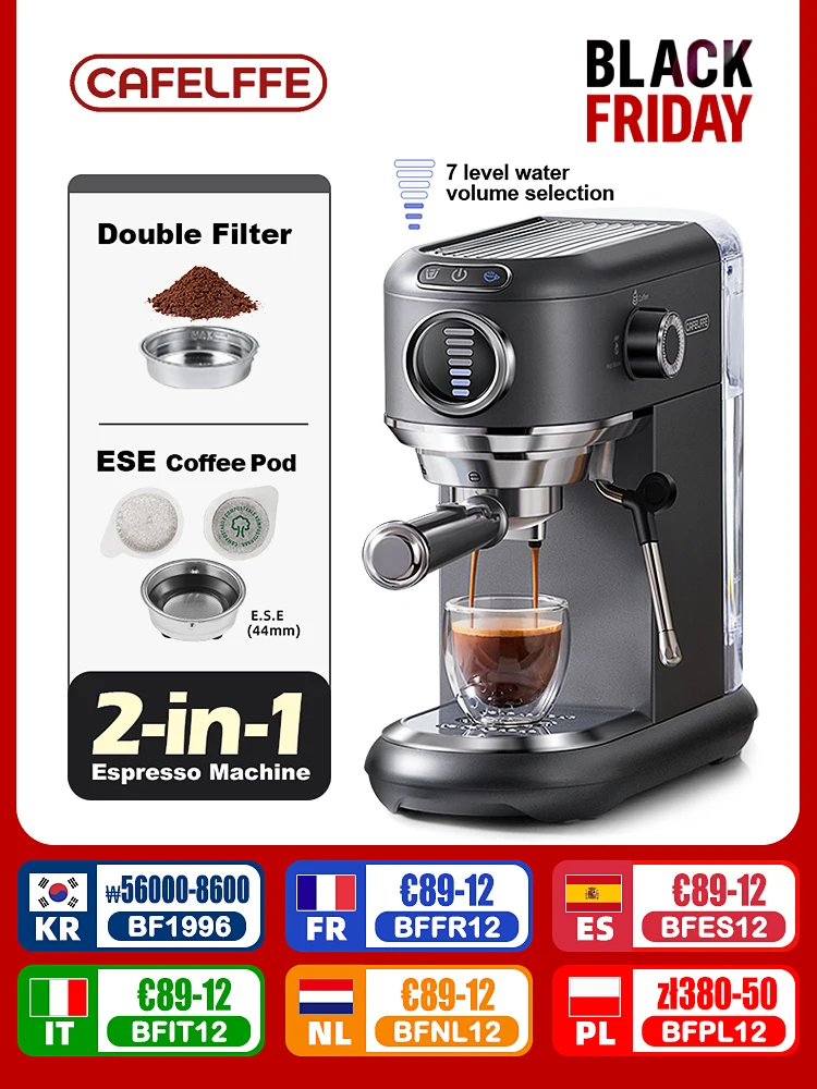 Cafelffe Coffee Maker 19Bar Inox Semi Automatic Super Slim ESE POD&Powder Espresso Cappuccino Machine Stainless Steel Cold/Hot