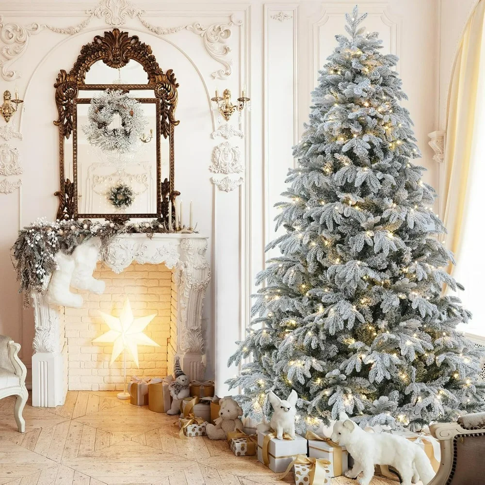 

Christmas Tree 7.5 ft, Prelit Flocked Christmas Tree with 10 Function Lights, Hinged Christmas Trees Prelit with Metal Base