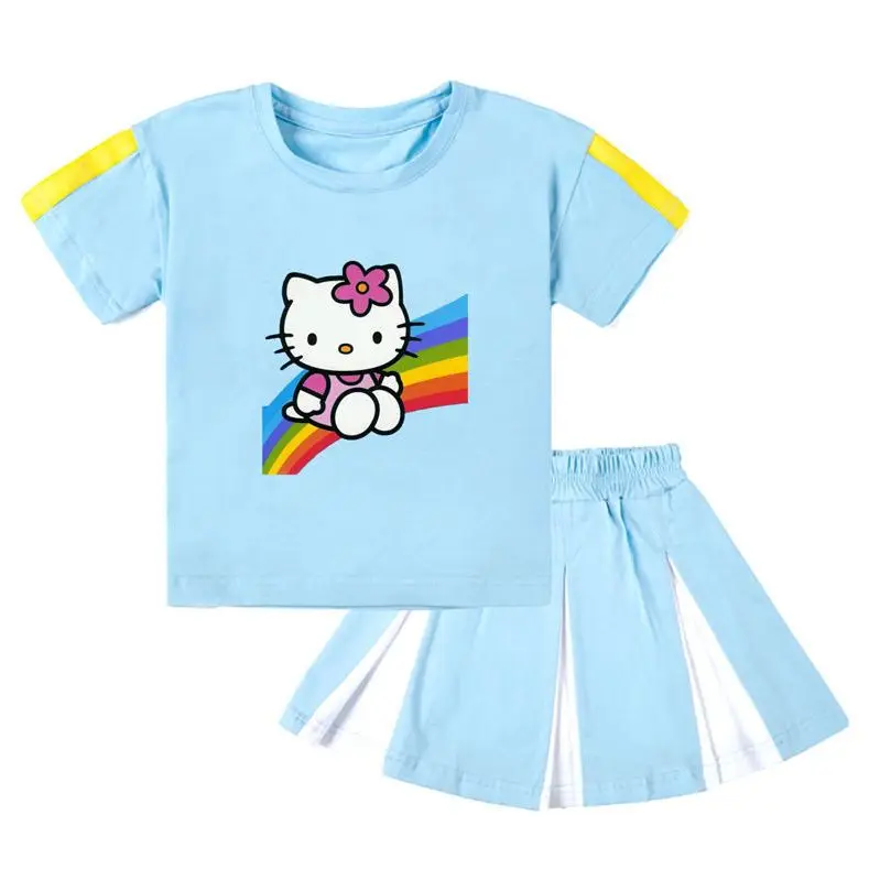 Traje de moda Kawaii Sanrioed Hellokittys para niños, Falda plisada de manga corta de dibujos animados, falda deportiva Preppy, regalo de verano