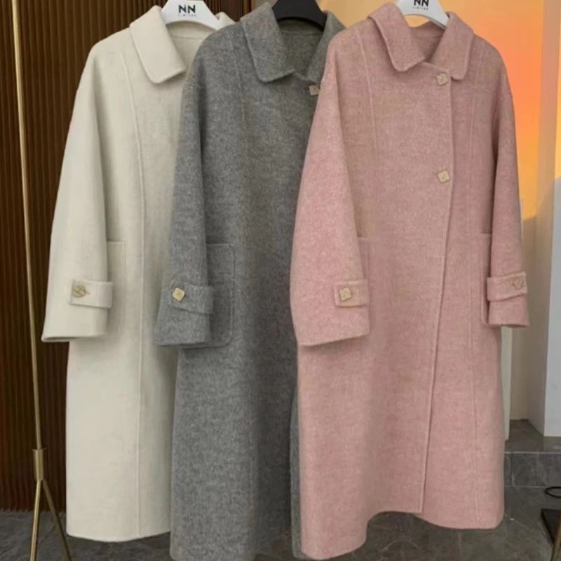 RosEvans Double-sided Wool Coat Square Button Thickened 2024 Autumn Winter Pure Hand-made Doll Collar Coats and Jackets Women