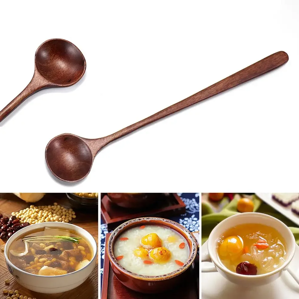 1Pcs Natural Wooden Long Handle Spoon Soup Scoops Dessert Porridge Tea Coffee Wood Spoons Tableware Kitchen Supplies