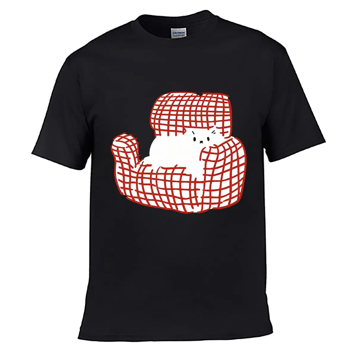 Cute White Cat Red Plaid Sofa Illustration short-sleeved T-shirt