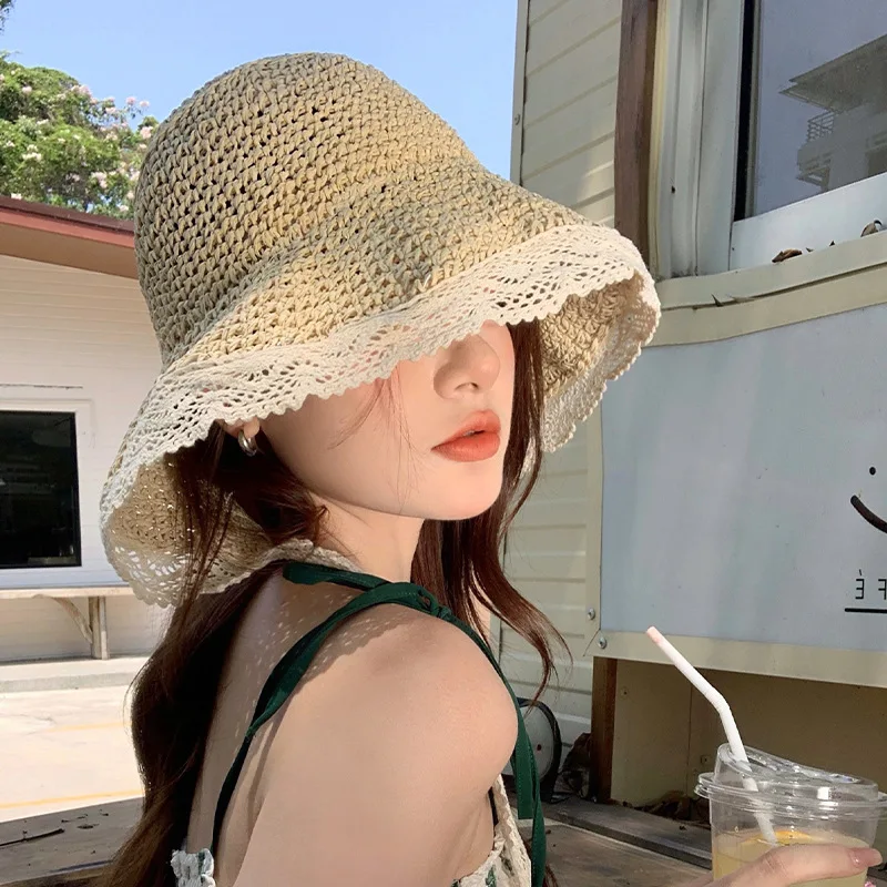 Lace Straw Hat Women Summer Sun Hats Woman Wide Brim Straw Beach Side Cap Floppy Female Straw Hat Lace Solid Fringe Summer Cap